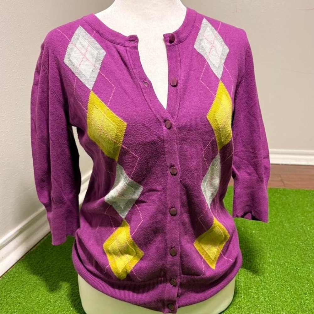 Vintage merona Women's S Argyle Preppy Golf Cardigan 3/4 sleeve purple